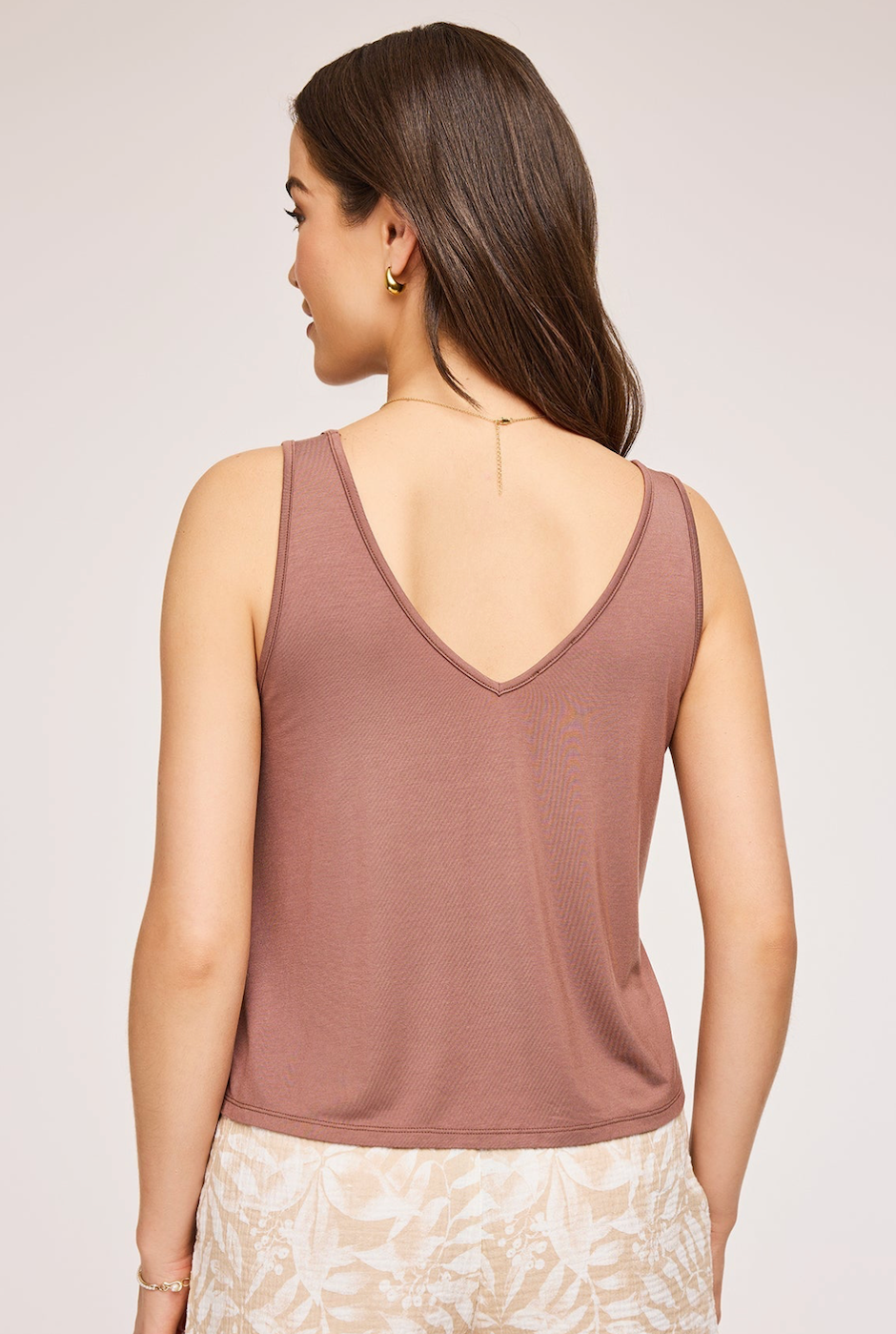 Gentle Fawn Kai Tank in Chicory color v-back detail, side slits and sustainable EcoVero rayon construction