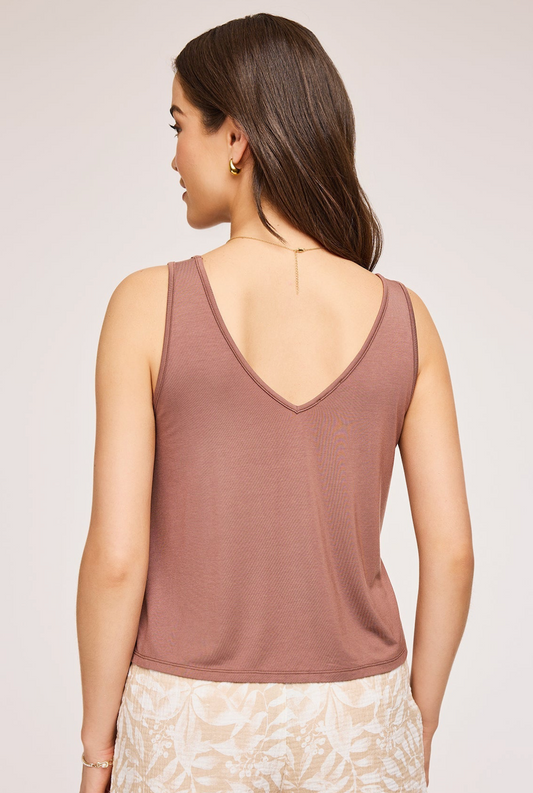 Gentle Fawn Kai Tank in Chicory color v-back detail, side slits and sustainable EcoVero rayon construction
