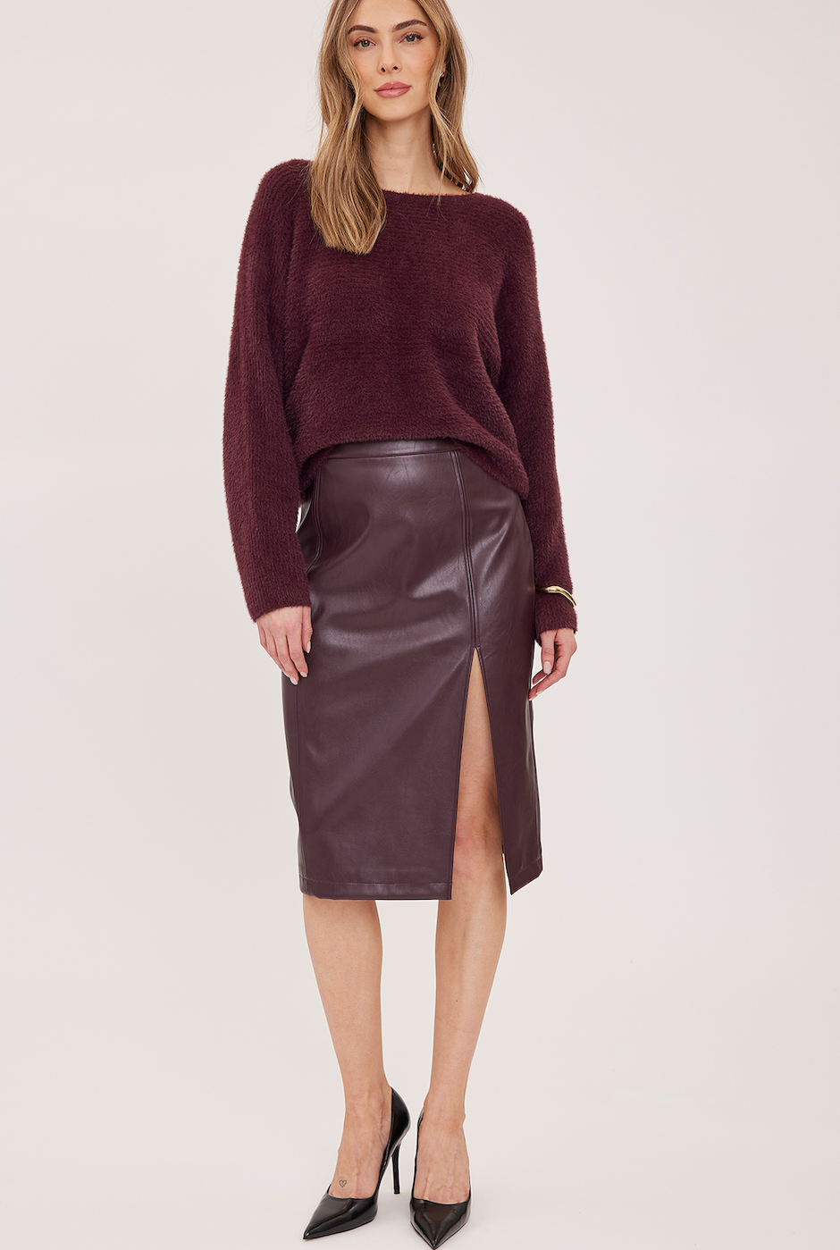 Gentle Fawn Lydia women's faux leather midi skirt in Port burgundy with side slit
