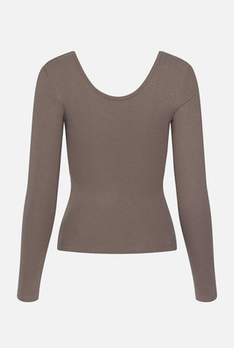 T-SHIRT KUWALLA À COL CARRÉ ET CÔTES PÊCHE - CENDRE