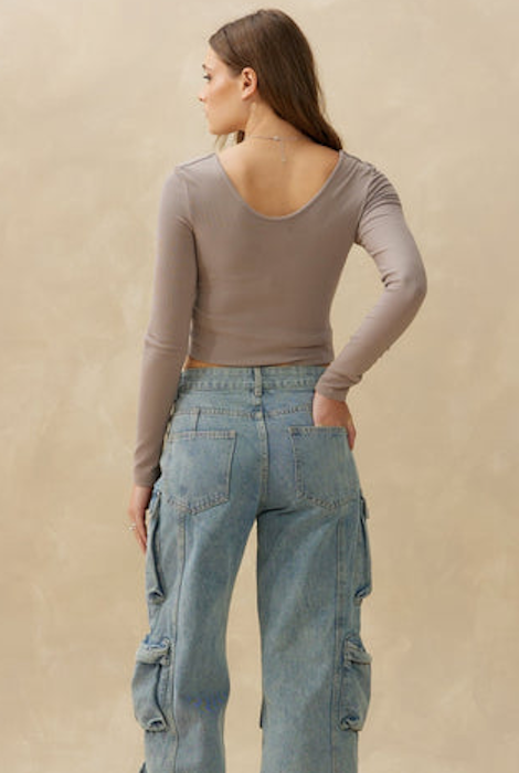 T-SHIRT KUWALLA À COL CARRÉ ET CÔTES PÊCHE - CENDRE