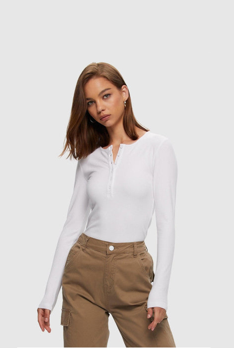 T-SHIRT HENLEY CÔTELÉ À BOUTONNAGES KUWALLA - BLANC