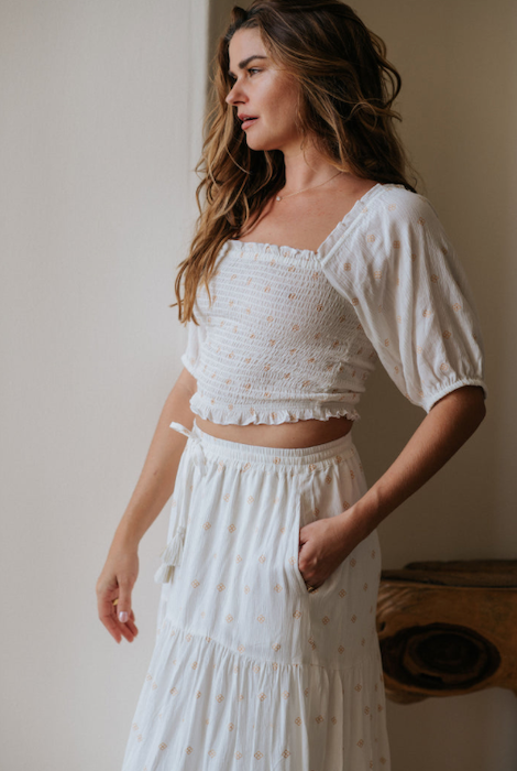 KOY RESORT MIAMI SHINE SMOCKED CROP TOP - WHITE/GOLD