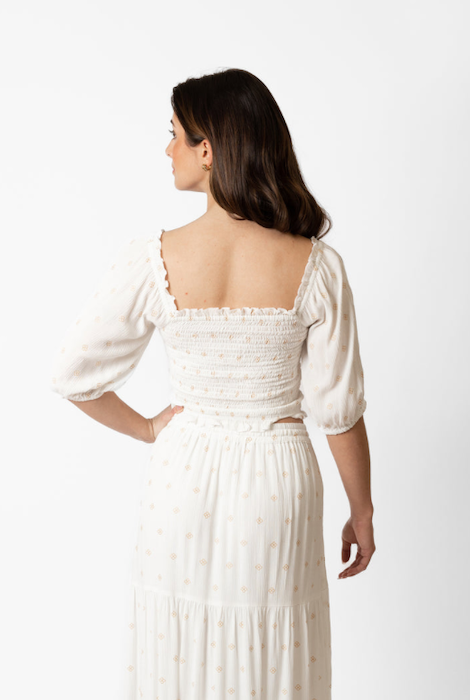 KOY RESORT MIAMI SHINE SMOCKED CROP TOP - WHITE/GOLD