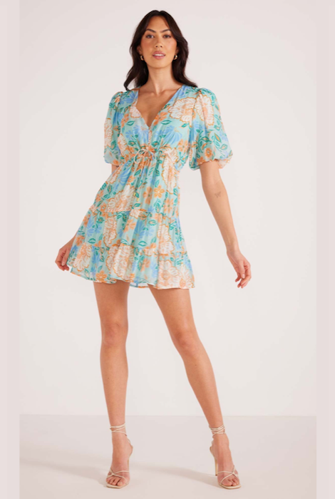 ROBE MINI À MANCHES BOUFFANTES MINKPINK MENTHE/FLORALE