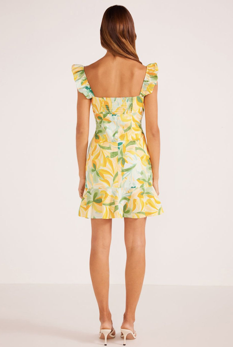 Minkpink Soltice Front Tie Mini Dress Yellow Palm Print