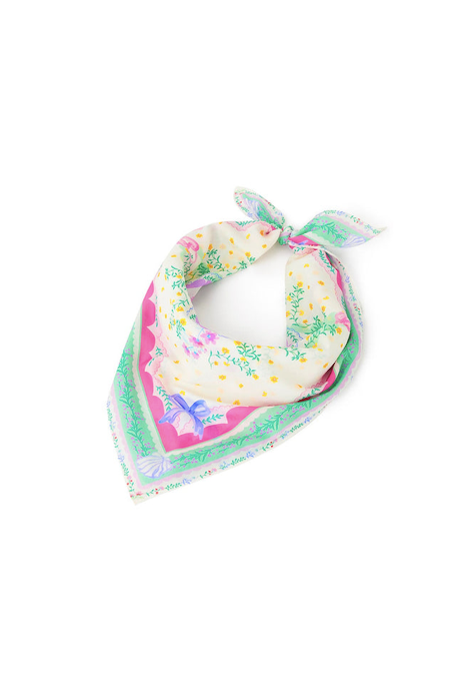 Tied and folded view showing pink and white floral design and edges