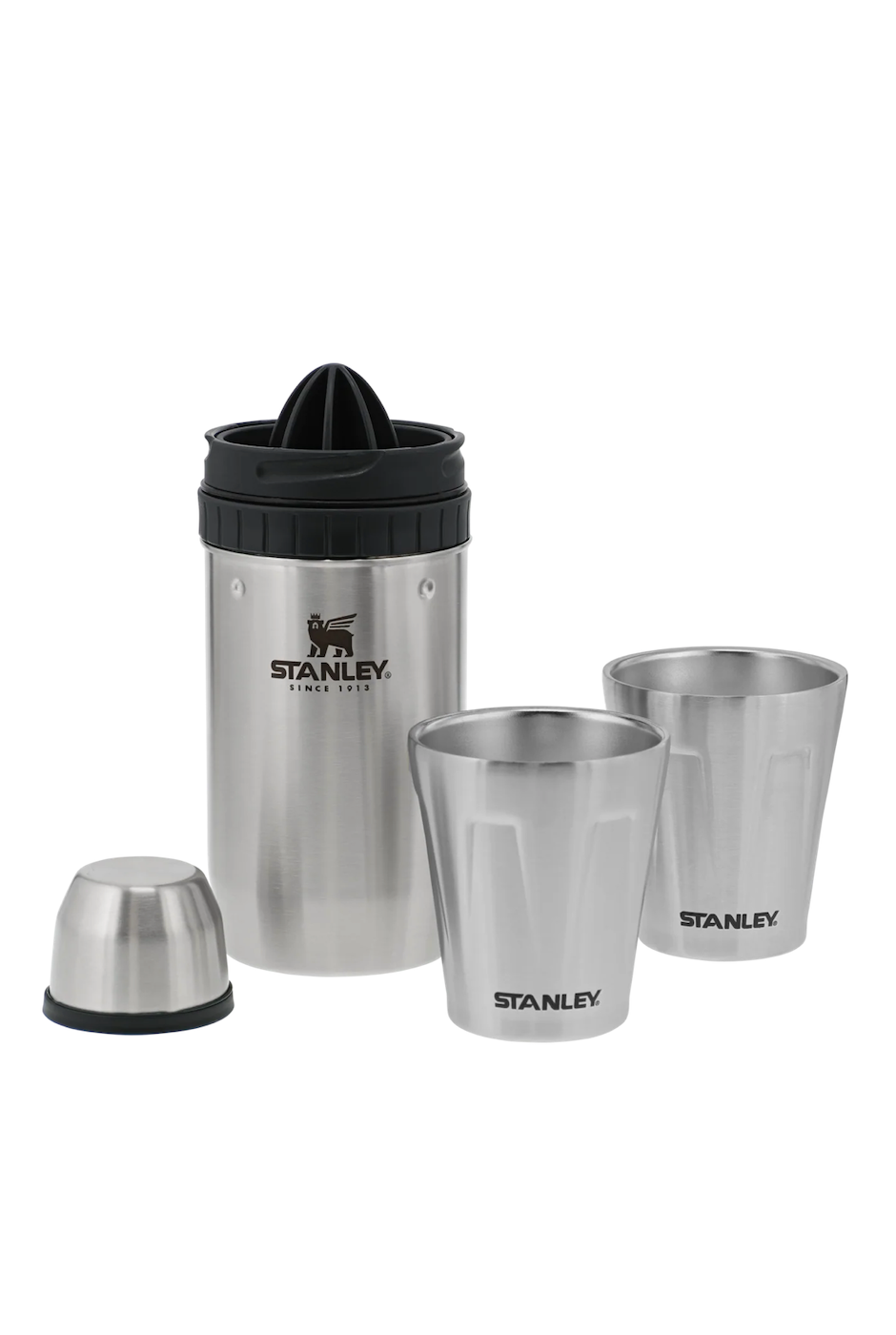 All components of the Stanley Happy Hour Shaker Set – Shaker, Tumblers, and Jigger Cap