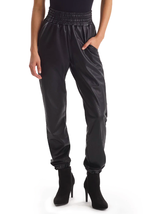 COMMANDO FAUX LEATHER SMOCKED JOGGER BLACK