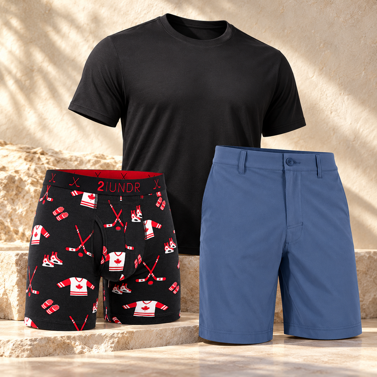 2UNDR underwear, black crew-neck tee and blue shorts editorial assortment