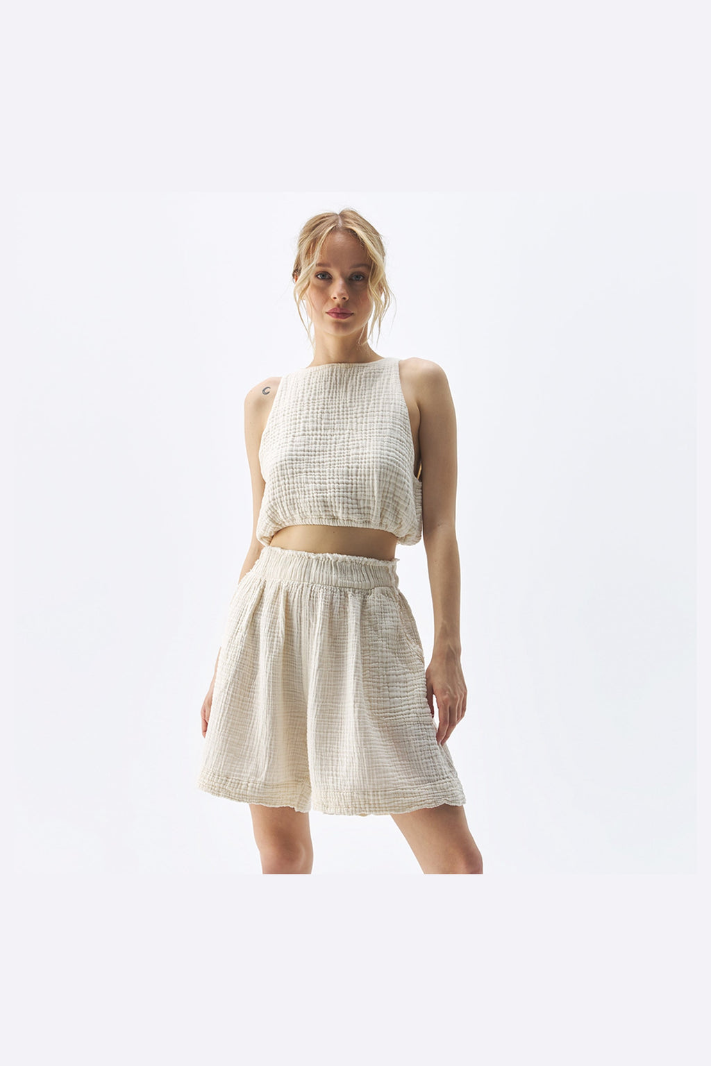 Pokoloko Crinkle Relaxed Shorts in Cream