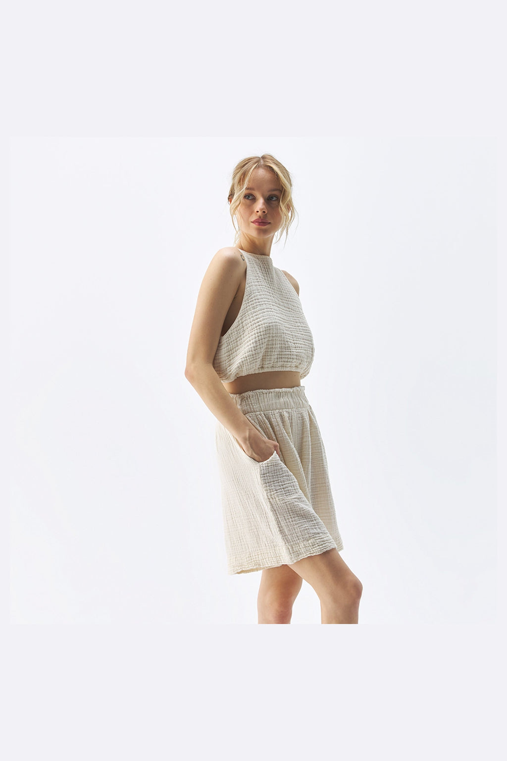 Pokoloko Crinkle Relaxed Shorts in Cream