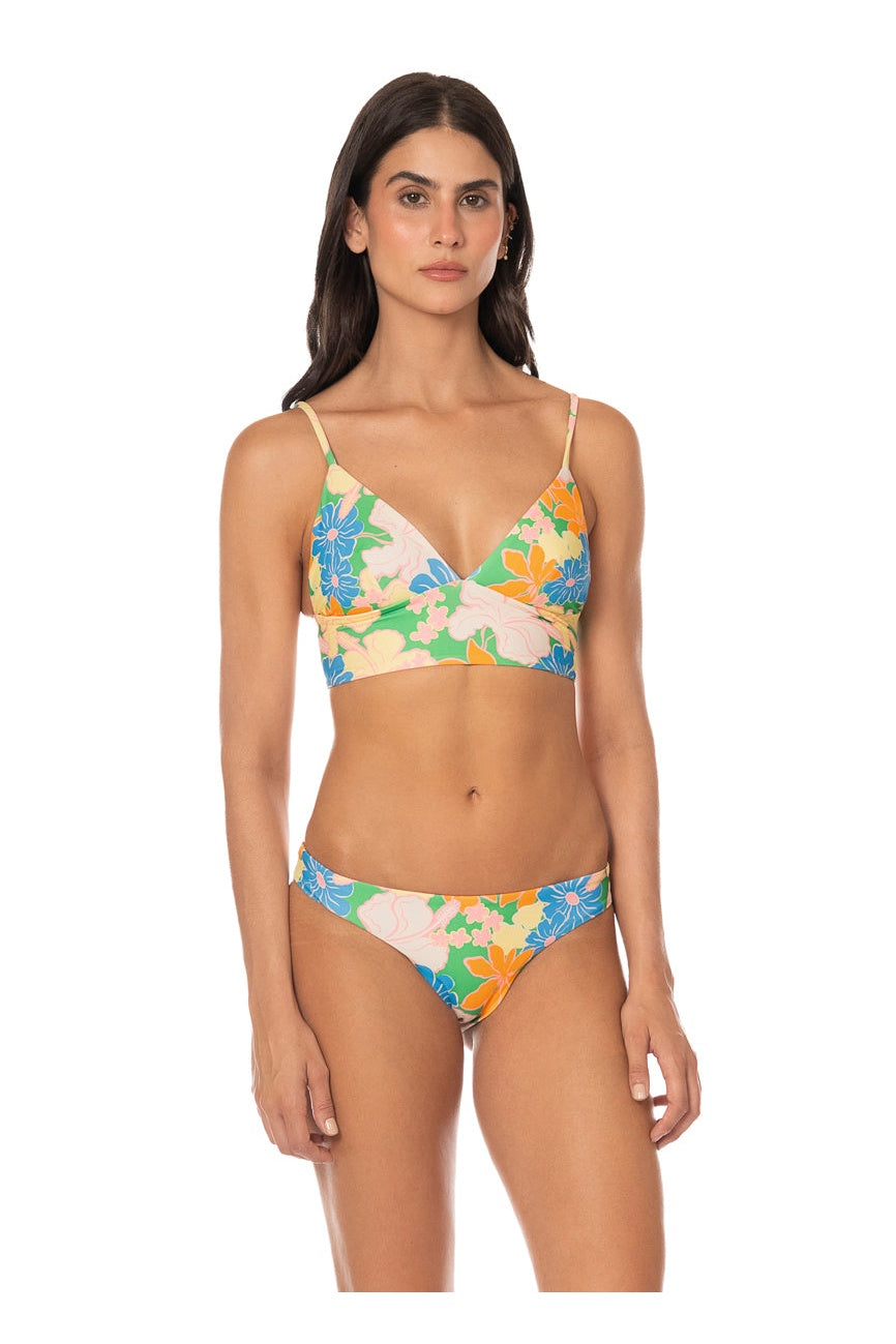 Maaji Tropic Lei Mirage Longline Triangle Bikini Top in Open Green, green, blue and yellow floral front