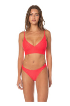 Maaji Sunset Punch Criss Cross Longline Triangle Bikini Top in Bright Red, longline wrap-front shape