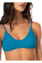 Maaji Lagoon Fog Liberties Bralette Bikini Top in Blue, fabric texture and neckline detail