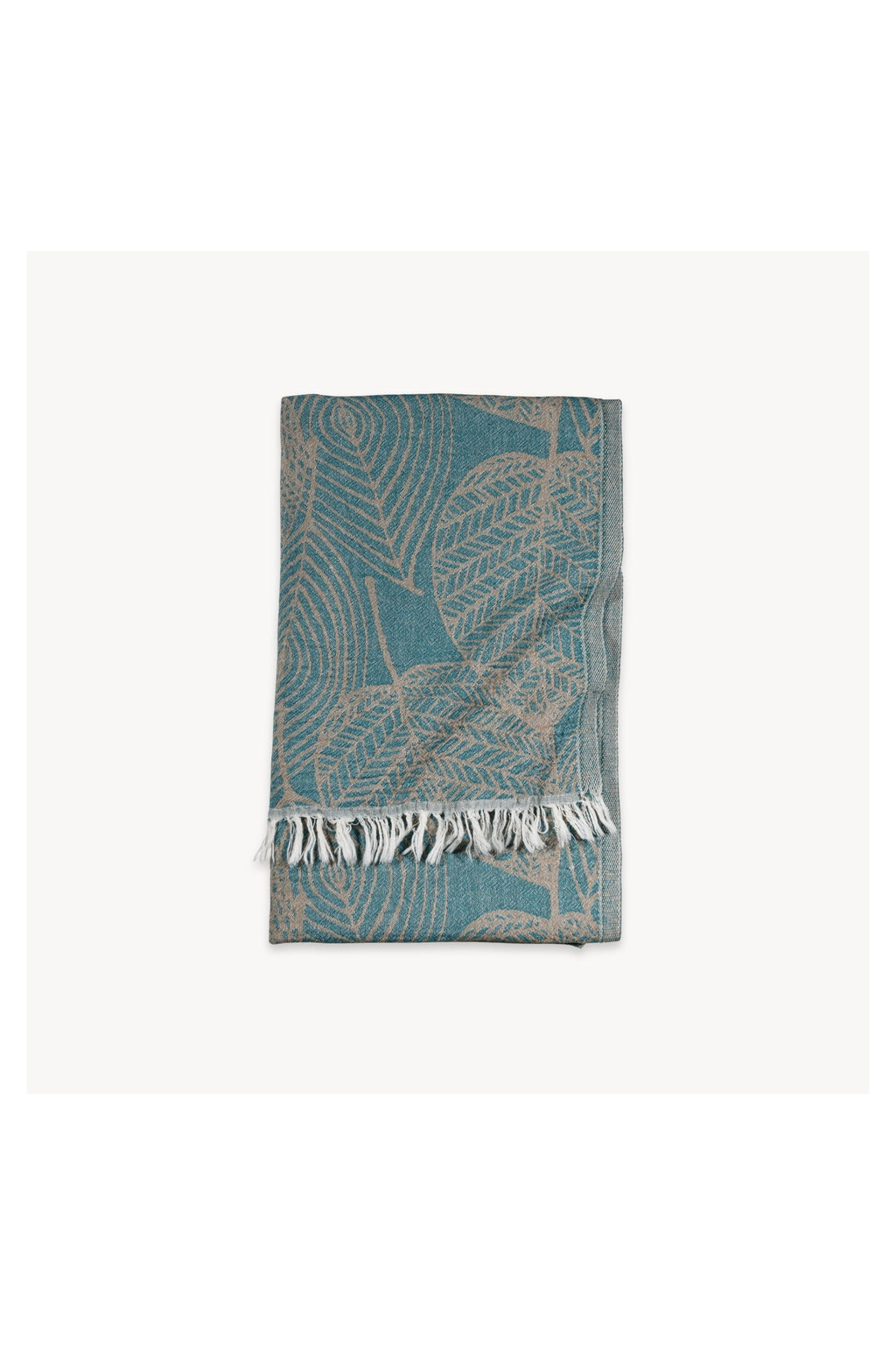 Pokoloko Leaf Appliqué Turkish cotton towel in teal and natural with botanical jacquard pattern