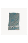 Pokoloko Leaf Appliqué Turkish cotton towel in teal and natural with botanical jacquard pattern