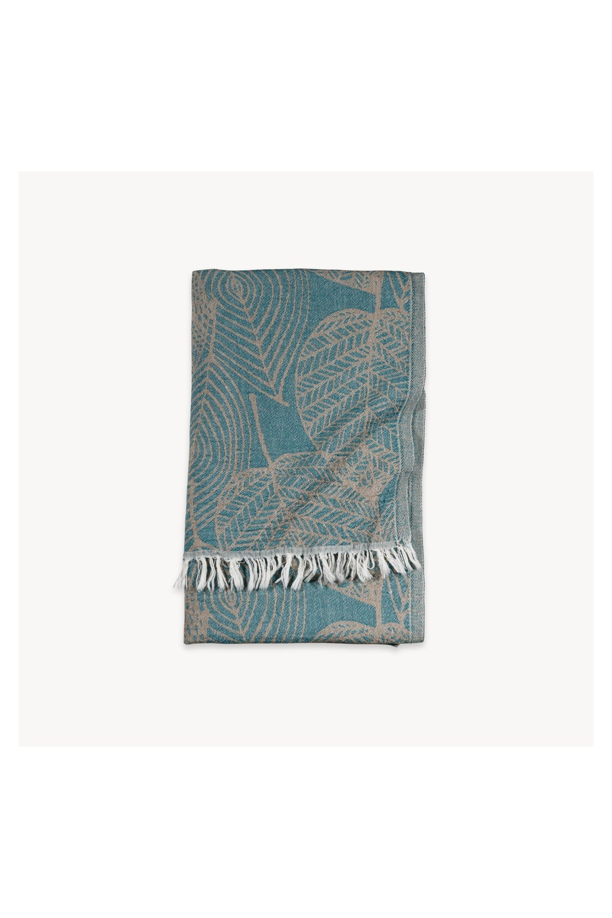 Pokoloko Leaf Appliqué Turkish cotton towel in teal and natural with botanical jacquard pattern