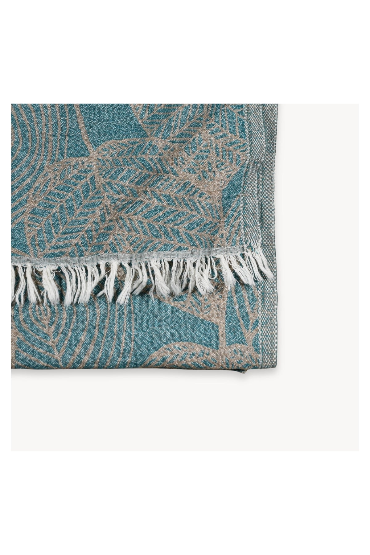 Pokoloko Leaf Appliqué Turkish cotton towel in teal and natural with botanical jacquard pattern