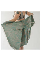 Pokoloko Leaf Appliqué Turkish cotton towel in teal and natural with botanical jacquard pattern