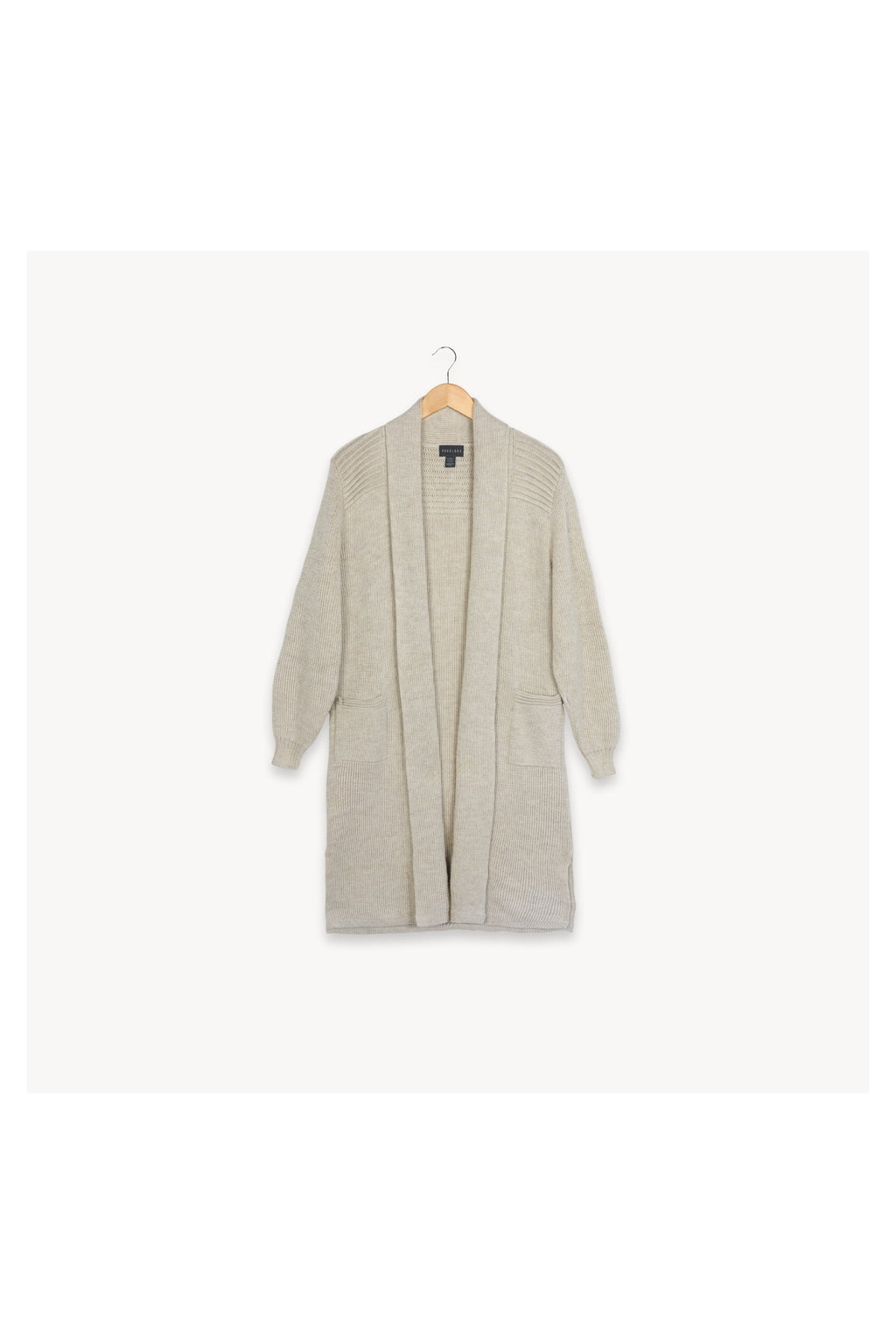 Pokoloko Long Cartier alpaca sweater in Chai Latte, long open-front silhouette
