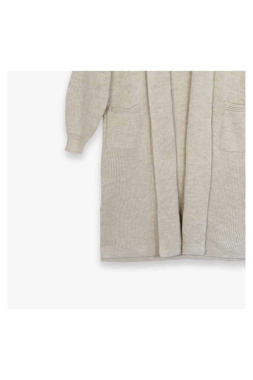 Pokoloko Long Cartier alpaca sweater in Chai Latte, long open-front silhouette
