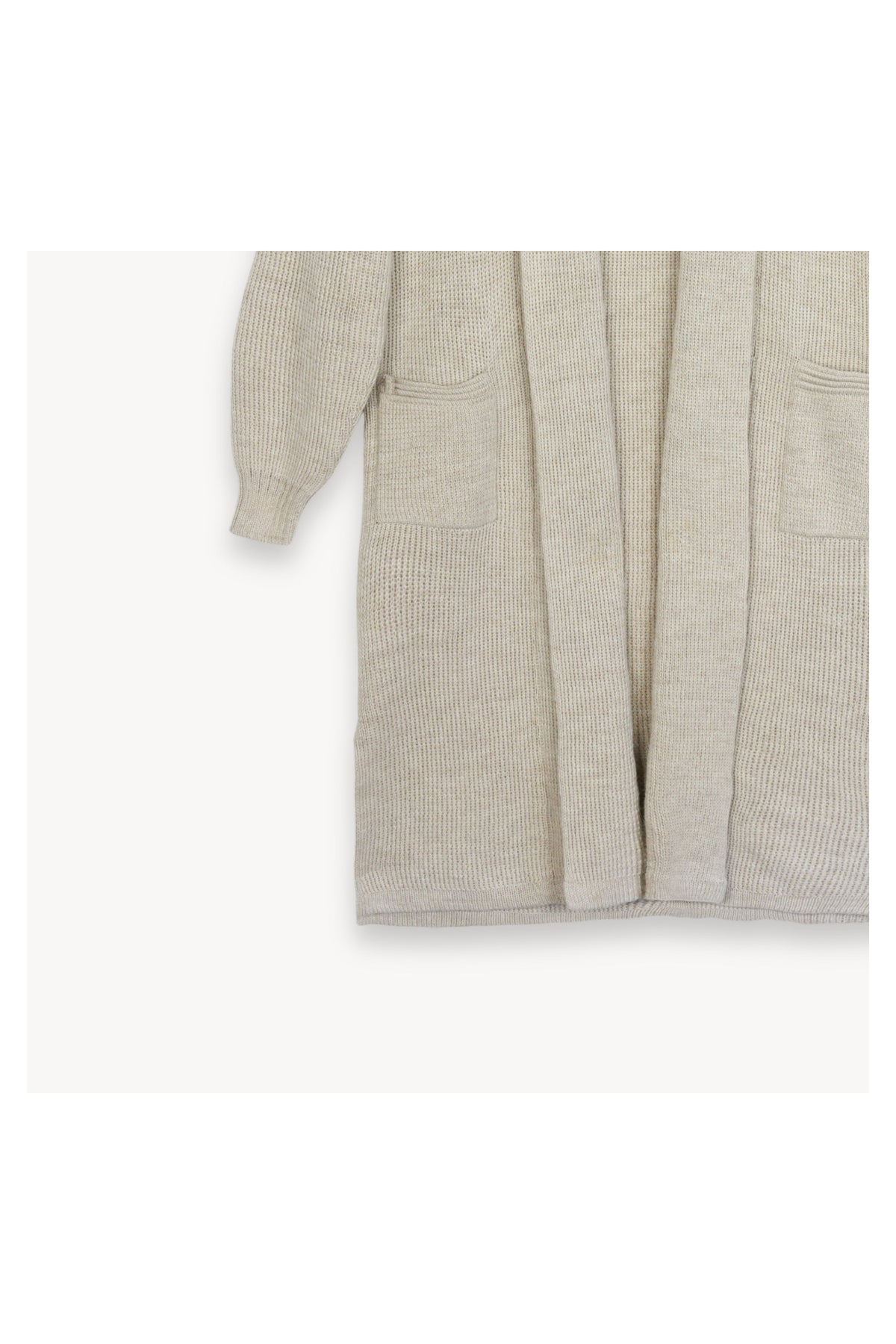 Pokoloko Long Cartier alpaca sweater in Chai Latte, long open-front silhouette