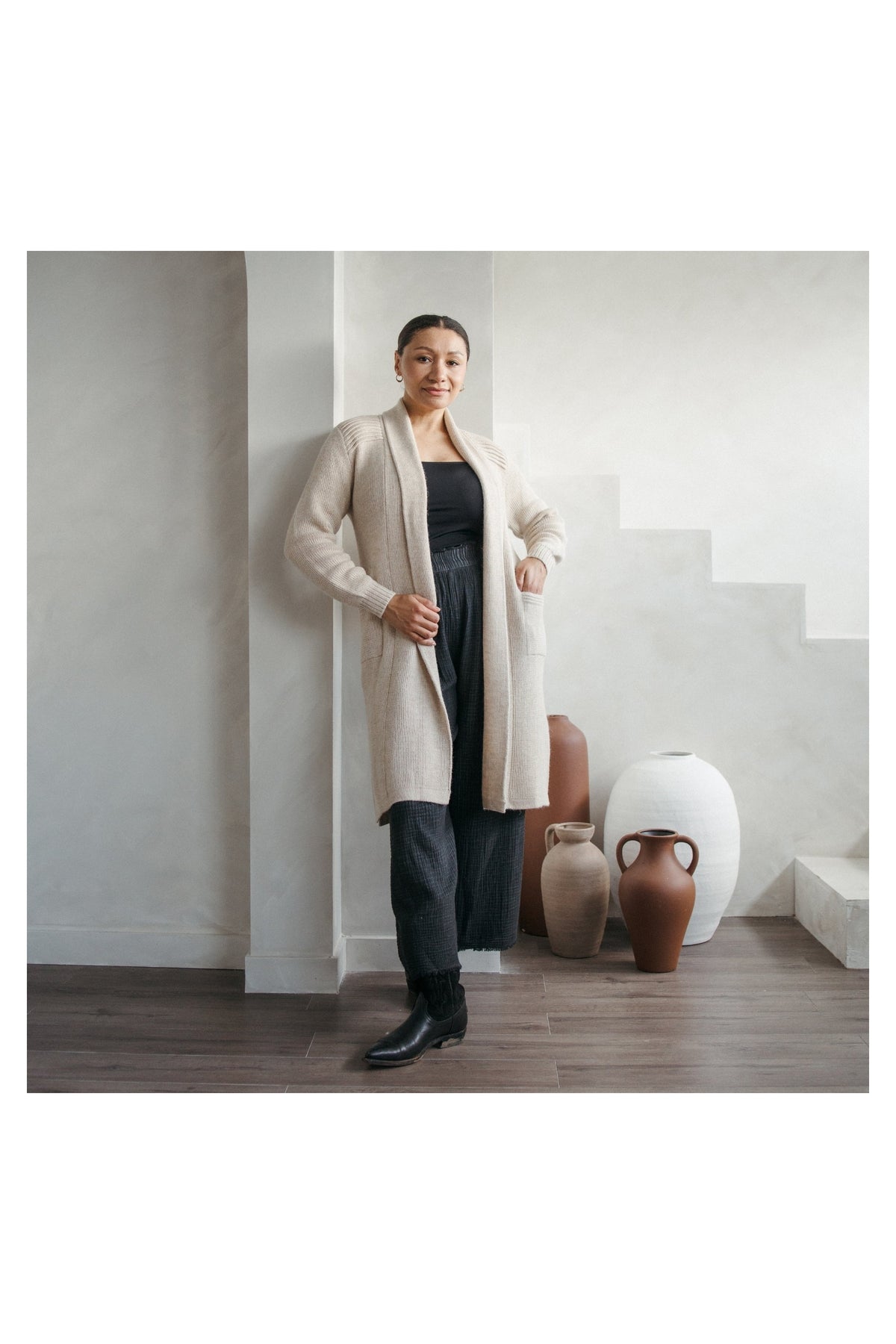 Pokoloko Long Cartier alpaca sweater in Chai Latte, long open-front silhouette