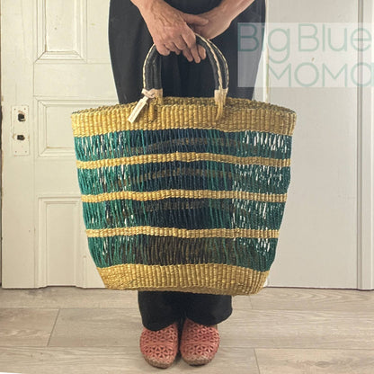 Big Blue Moma Bolga Basket - Special Net - Medium: Natural & Turquoise