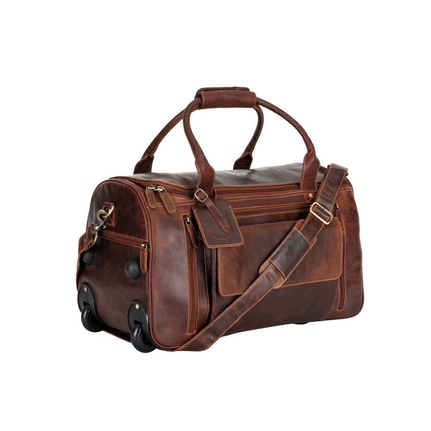 Greenwood “Pathfinder” Leather Wheeled Duffel Bag: Sandal