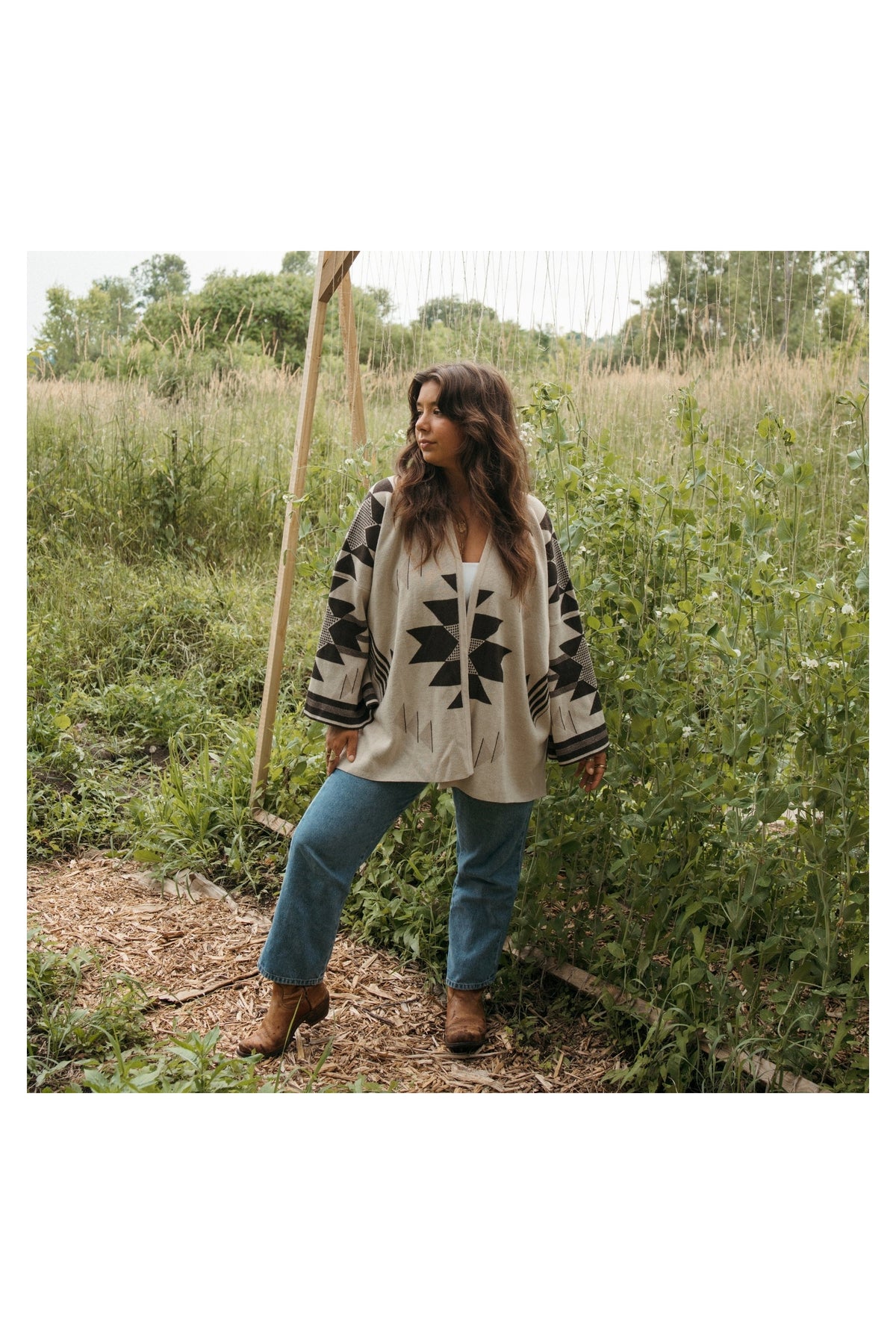 Pokoloko Jacqueline Jacquard alpaca sweater in Coffee Cream with geometric knit pattern