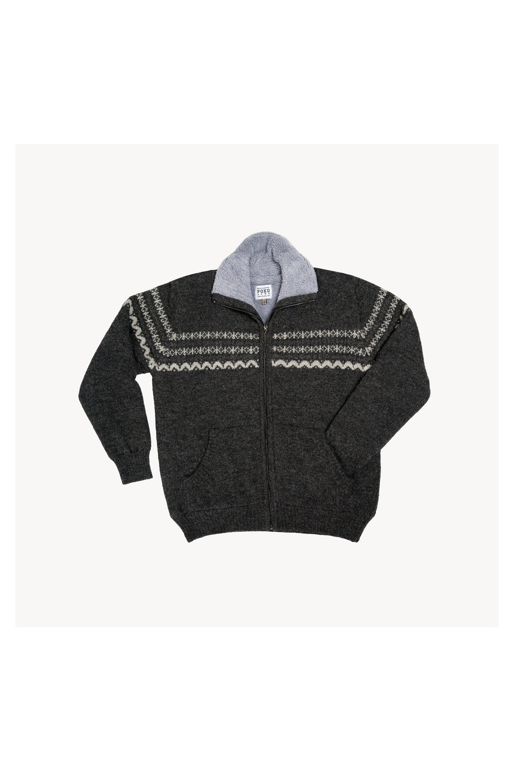 Pokoloko men's fleece-lined alpaca zip sweater in Charcoal with stand collar