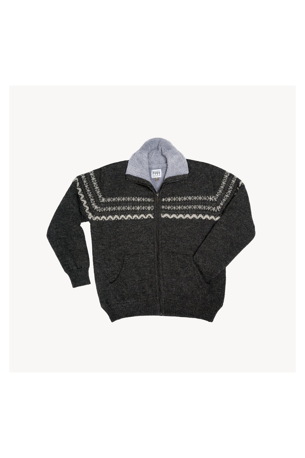 Pokoloko men's fleece-lined alpaca zip sweater in Charcoal with stand collar