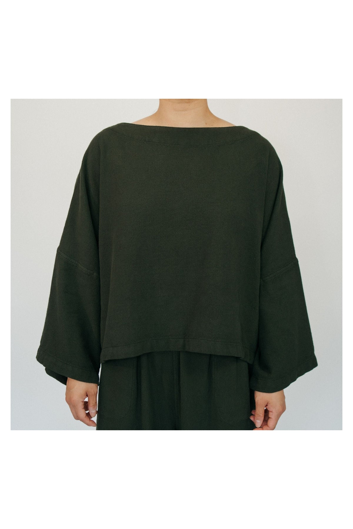 Pokoloko Loft Cotton crop top in Forest with bell sleeves