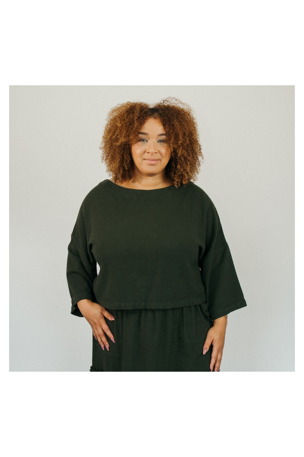 Pokoloko Loft Cotton crop top in Forest with bell sleeves