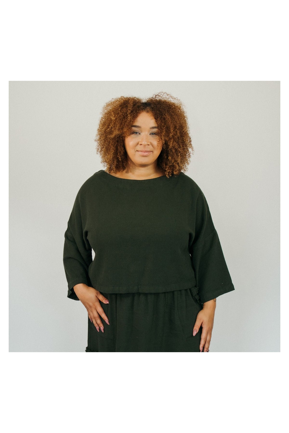 Pokoloko Loft Cotton crop top in Forest with bell sleeves