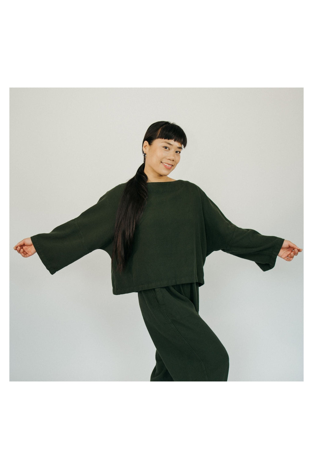 Pokoloko Loft Cotton crop top in Forest with bell sleeves