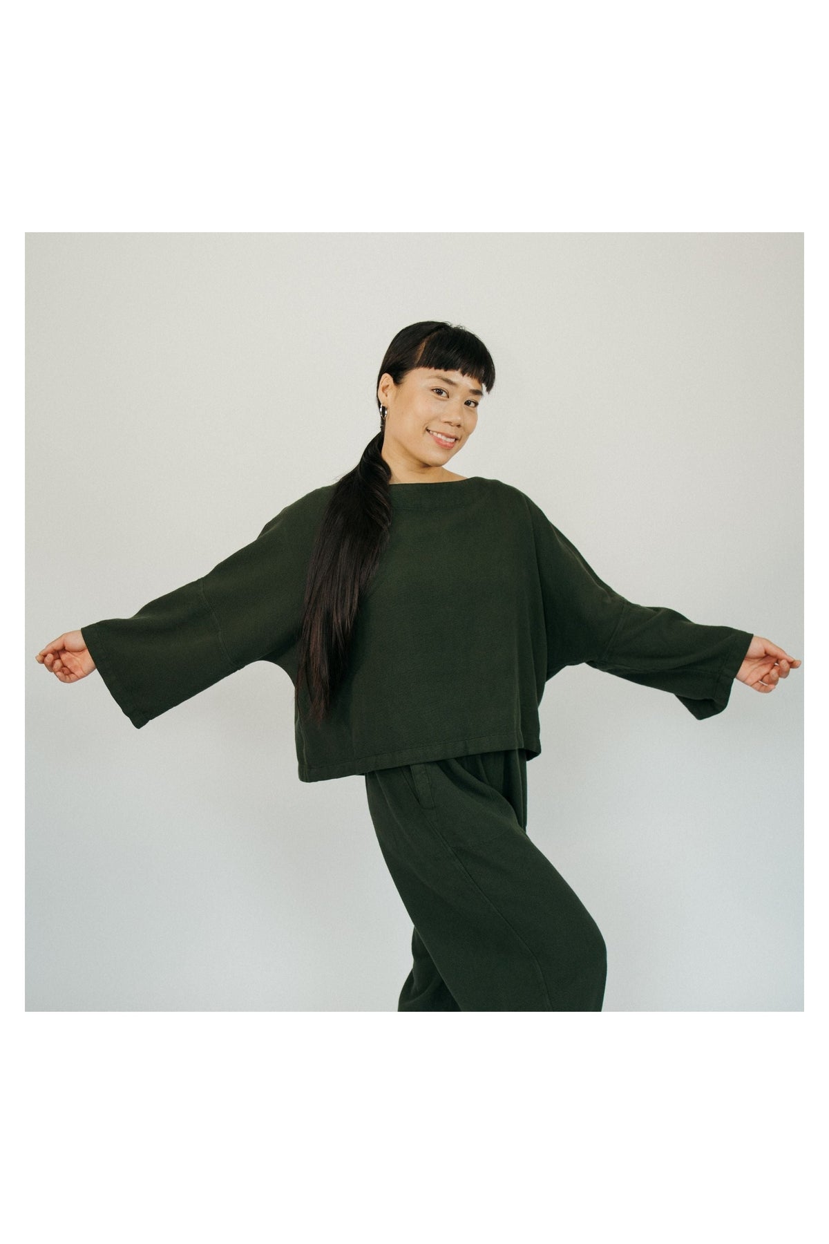 Pokoloko Loft Cotton crop top in Forest with bell sleeves