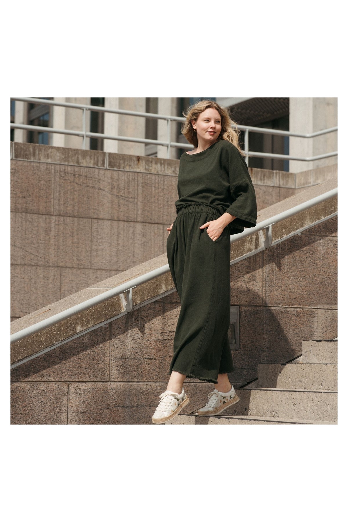 Pokoloko Loft Cotton palazzo pants in Forest with wide-leg silhouette
