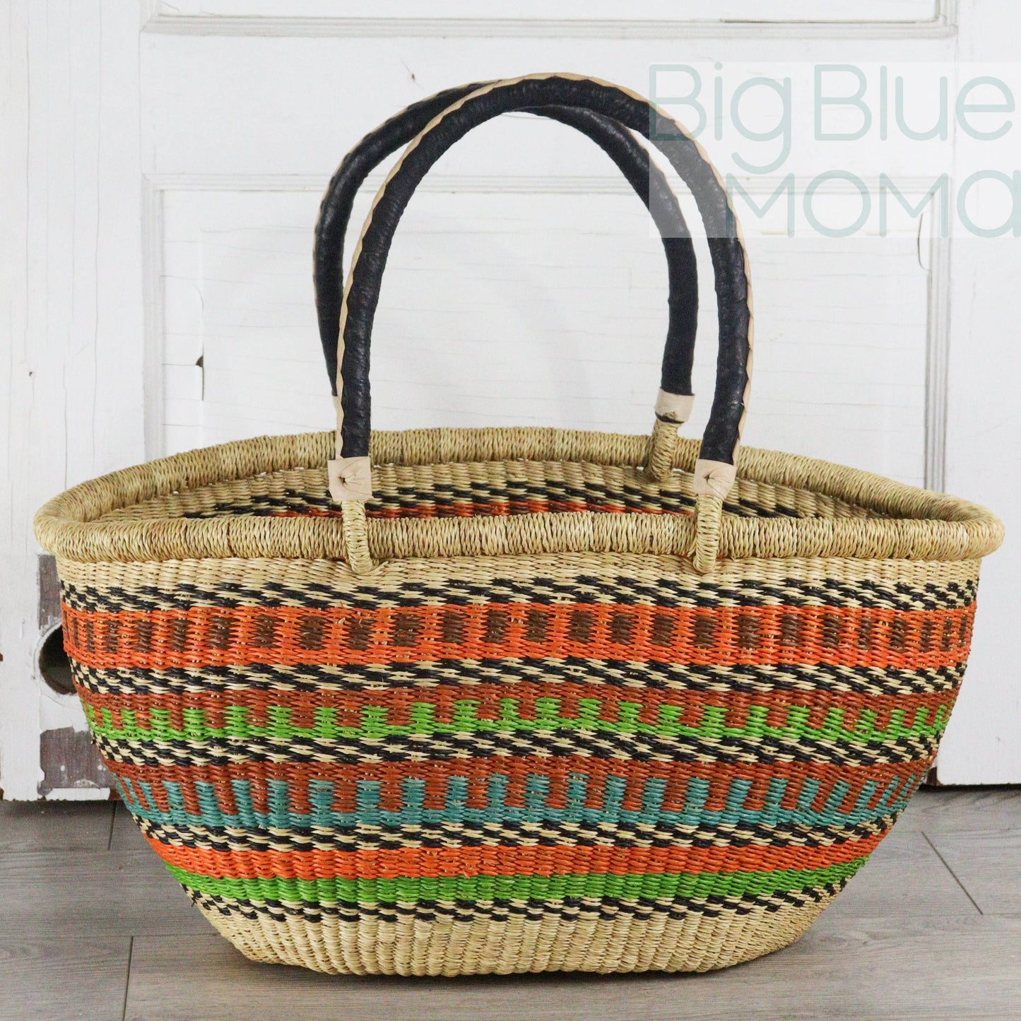 Big Blue Moma Bolga Basket - Bolga Basket - Large Special Shopper - Traditional Palette