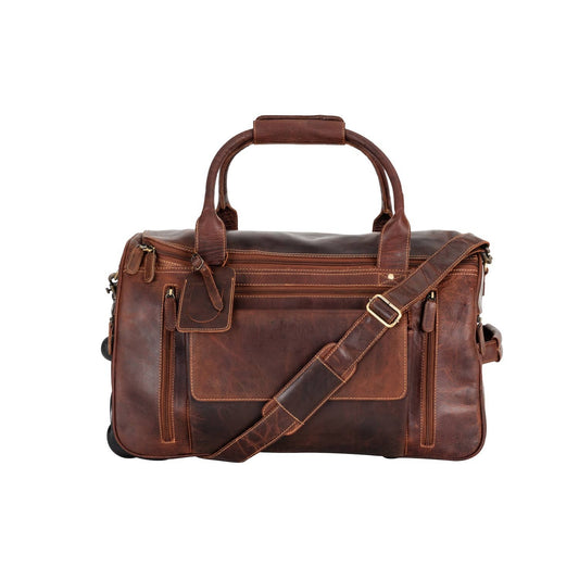 Greenwood “Pathfinder” Leather Wheeled Duffel Bag: Sandal