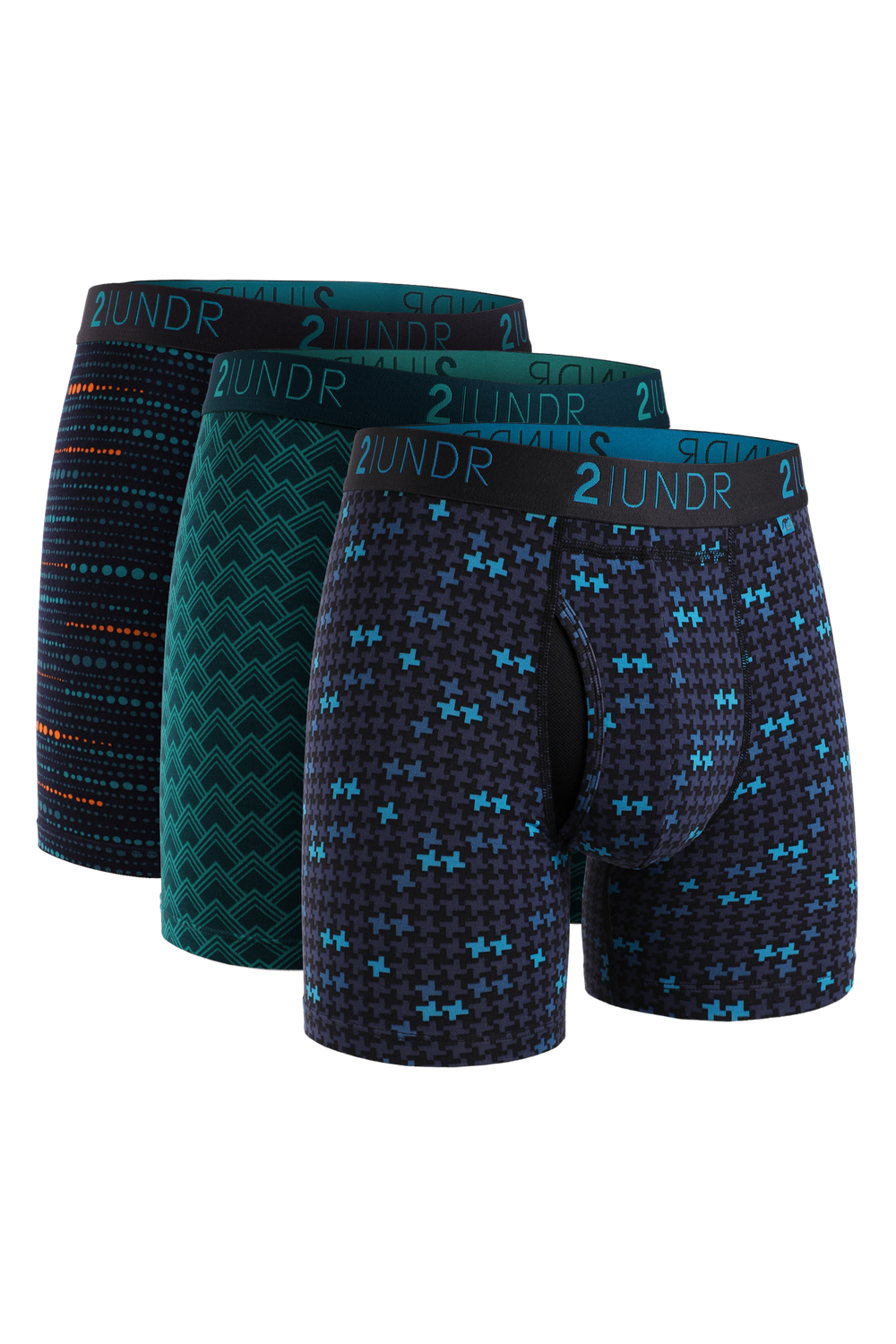 2UNDR Swing Shift 6-inch boxer briefs three-pack in Bluetooth, Wave Length and Dot Calm prints