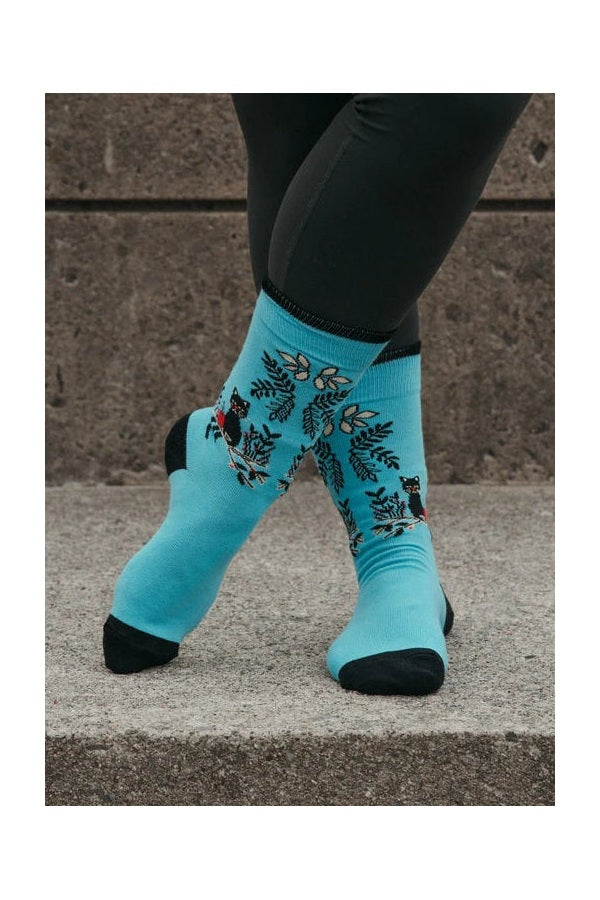 Pokoloko Coffee Cats Pima crew socks, close view of coffee cup and cat pattern