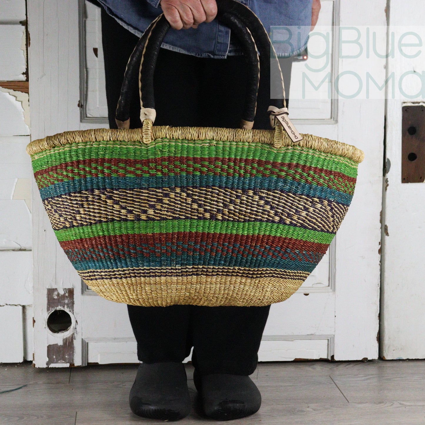 Big Blue Moma Bolga Basket - Bolga Basket - Large Special Shopper - Traditional Palette