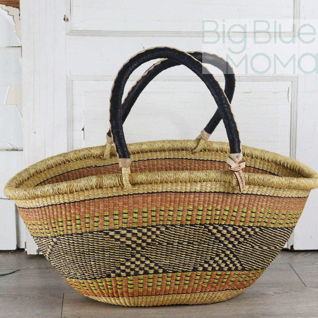Big Blue Moma Bolga Basket - Bolga Basket - Large Special Shopper - Traditional Palette
