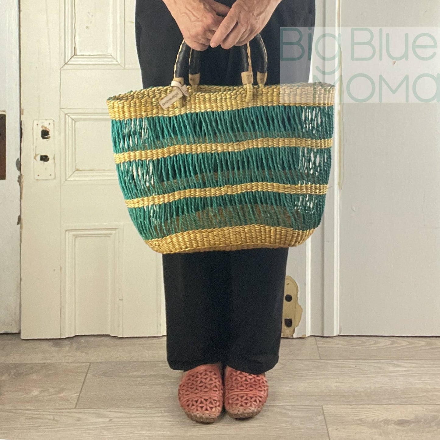 Big Blue Moma Bolga Basket - Special Net - Medium: Natural & Turquoise