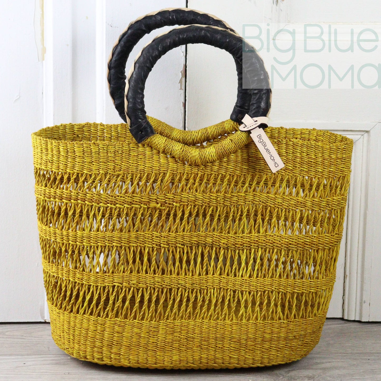 Big Blue Moma Bolga Basket - Special Net - Medium: Natural & Turquoise