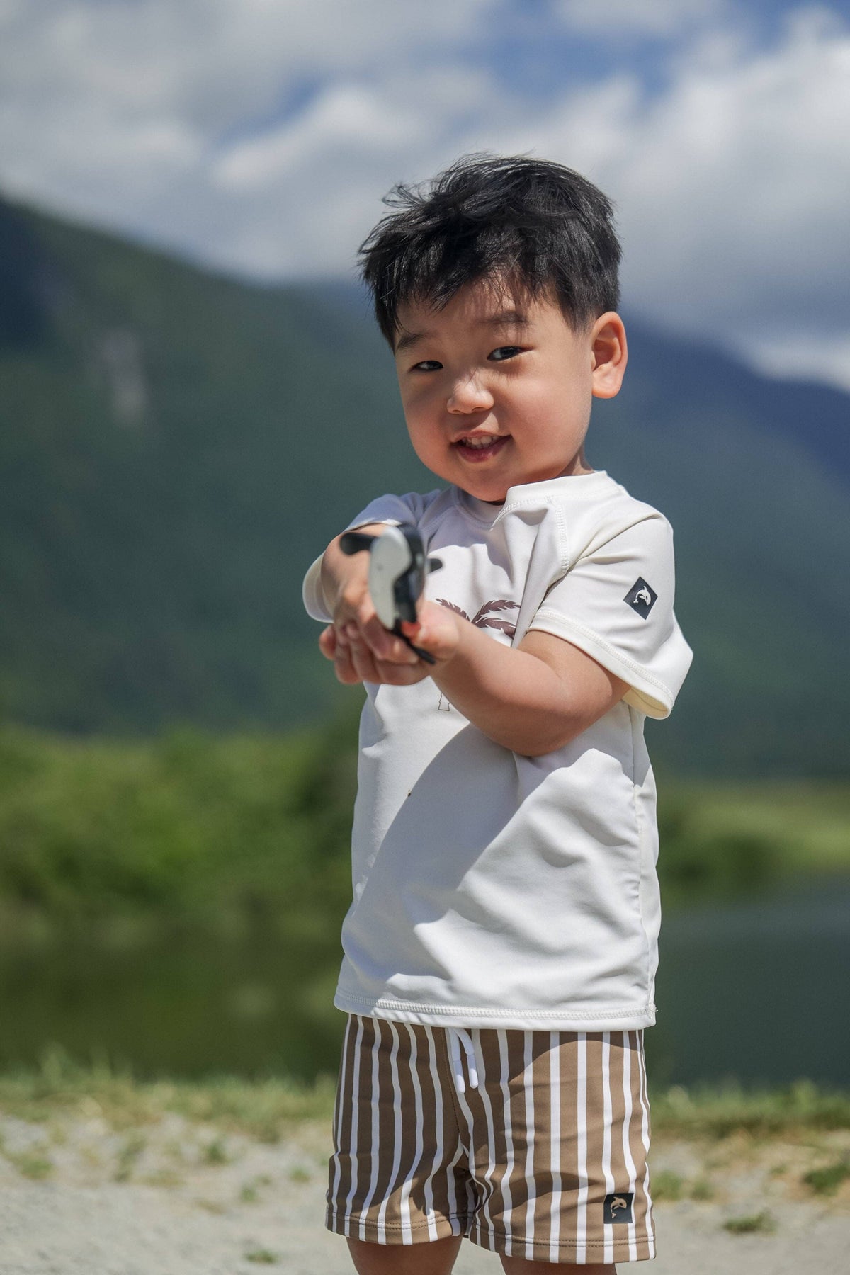 KidORCA Stripe Khaki Kids Boardie Swim Shorts, product photograph