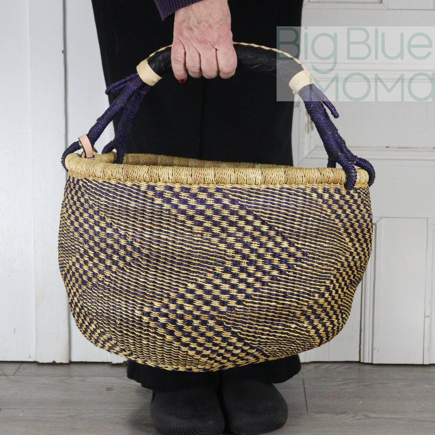 Big Blue Moma Bolga Basket - Large Round Basket - Natural Palette