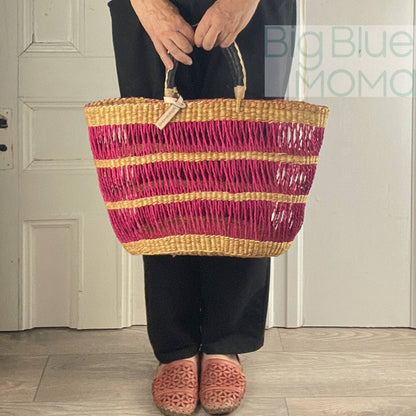 Big Blue Moma Bolga Basket - Special Net - Medium: Natural & Bright Pink